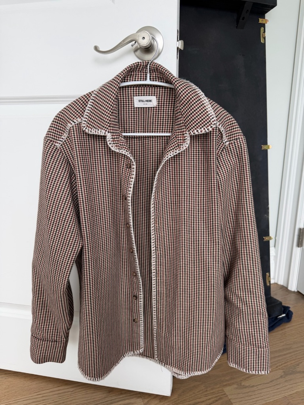 Still here Checked Button-Up Shirt Jacket in plaid wool Brown and Cream - Picture 3 of 5